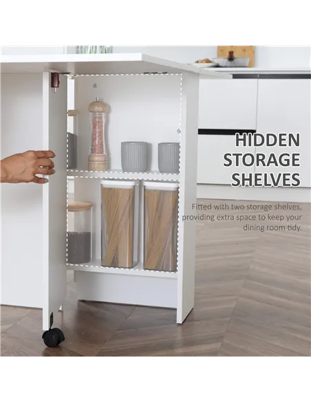 HOMCOM Folding Dining Table, Drop Leaf Table with 2-Tier Shelves, Rolling Casters, for Small Spaces, Kitchen, White