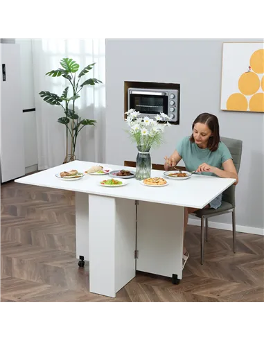 HOMCOM Folding Dining Table, Drop Leaf Table with 2-Tier Shelves, Rolling Casters, for Small Spaces, Kitchen, White