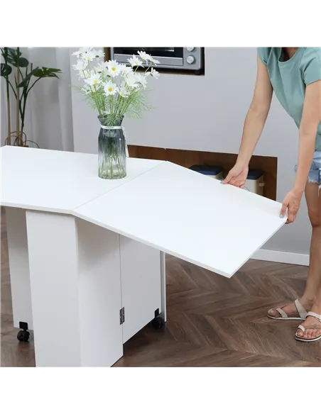 HOMCOM Folding Dining Table, Drop Leaf Table with 2-Tier Shelves, Rolling Casters, for Small Spaces, Kitchen, White