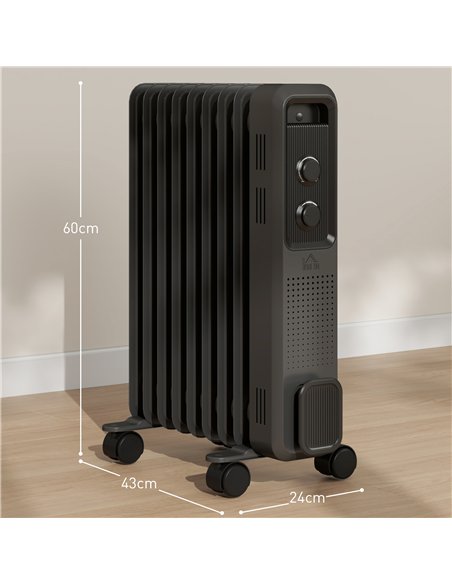 HOMCOM 2000W Oil Filled Radiator, 9 Fin, Portable Electric Heater with 3 Heat Settings, Safety Cut-Off and Wheels, Grey