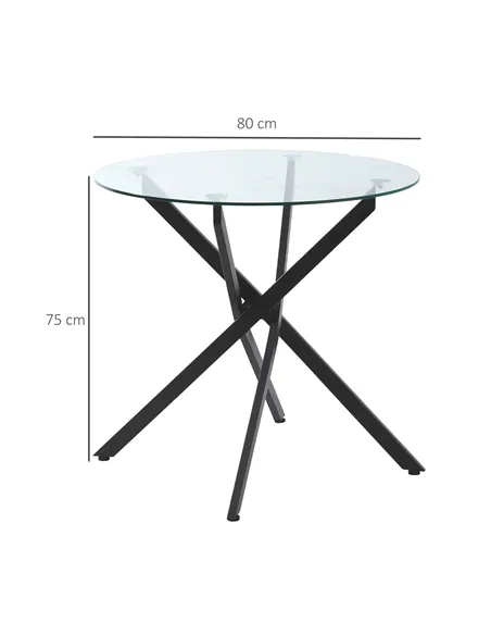 HOMCOM Dining Table with Clear Tempered Glass Top, Round Table with Metal Legs, Modern Kitchen Table for Dining Room Living Room