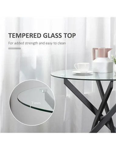 HOMCOM Dining Table with Clear Tempered Glass Top, Round Table with Metal Legs, Modern Kitchen Table for Dining Room Living Room