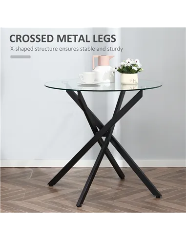 HOMCOM Dining Table with Clear Tempered Glass Top, Round Table with Metal Legs, Modern Kitchen Table for Dining Room Living Room