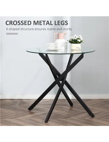 HOMCOM Dining Table with Clear Tempered Glass Top, Round Table with Metal Legs, Modern Kitchen Table for Dining Room Living Room