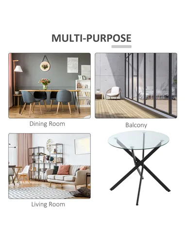 HOMCOM Dining Table with Clear Tempered Glass Top, Round Table with Metal Legs, Modern Kitchen Table for Dining Room Living Room