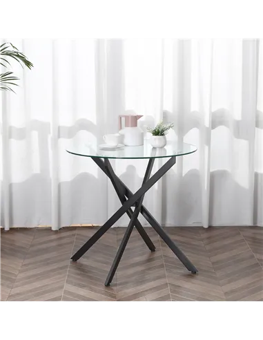 HOMCOM Dining Table with Clear Tempered Glass Top, Round Table with Metal Legs, Modern Kitchen Table for Dining Room Living Room