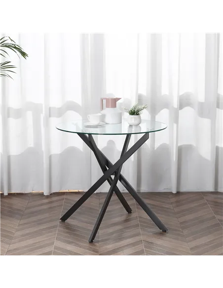 HOMCOM Dining Table with Clear Tempered Glass Top, Round Table with Metal Legs, Modern Kitchen Table for Dining Room Living Room