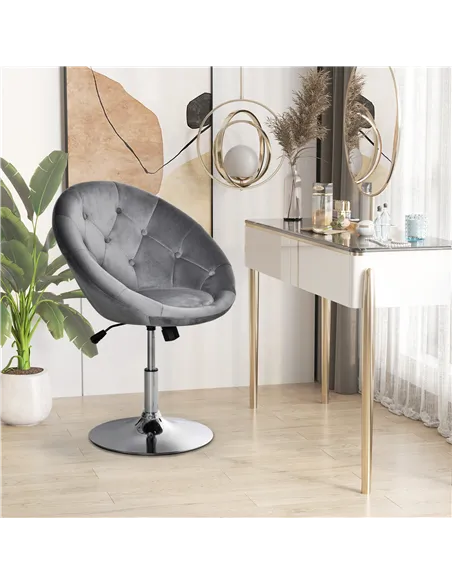 HOMCOM Swivel Dressing Stool, Velvet-feel Upholstered Vanity Chair, Adjustable Height Tub Makeup Chair with Button Tufting and T