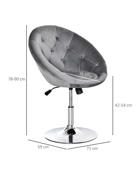 HOMCOM Swivel Dressing Stool, Velvet-feel Upholstered Vanity Chair, Adjustable Height Tub Makeup Chair with Button Tufting and T