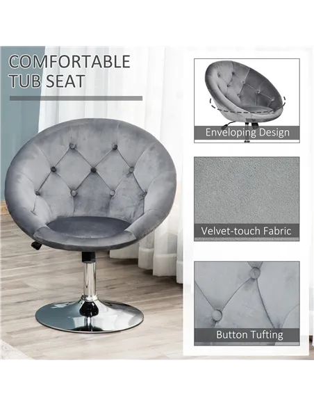 HOMCOM Swivel Dressing Stool, Velvet-feel Upholstered Vanity Chair, Adjustable Height Tub Makeup Chair with Button Tufting and T