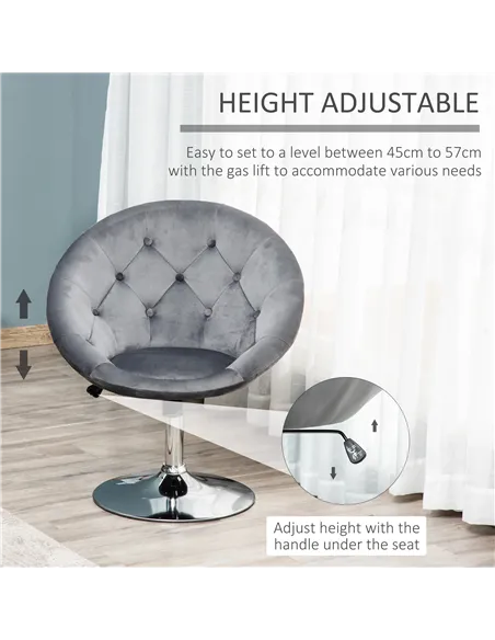 HOMCOM Swivel Dressing Stool, Velvet-feel Upholstered Vanity Chair, Adjustable Height Tub Makeup Chair with Button Tufting and T