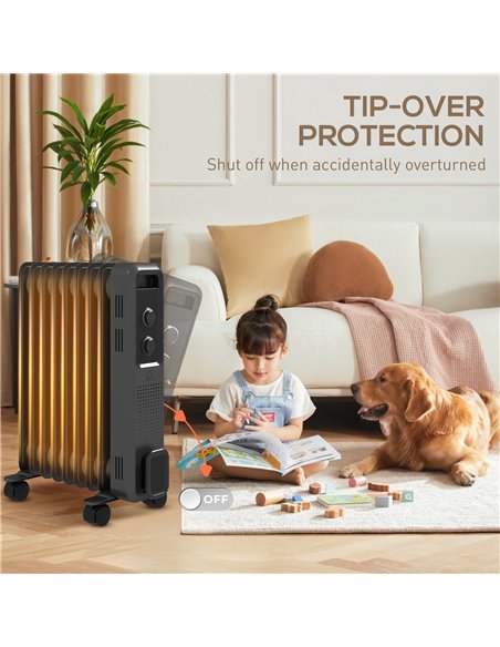 HOMCOM 2000W Oil Filled Radiator, 9 Fin, Portable Electric Heater with 3 Heat Settings, Safety Cut-Off and Wheels, Grey