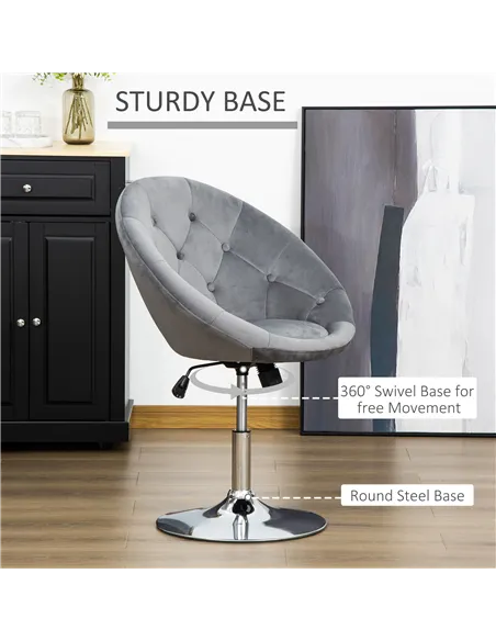 HOMCOM Swivel Dressing Stool, Velvet-feel Upholstered Vanity Chair, Adjustable Height Tub Makeup Chair with Button Tufting and T