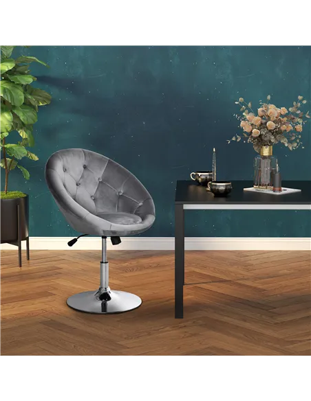 HOMCOM Swivel Dressing Stool, Velvet-feel Upholstered Vanity Chair, Adjustable Height Tub Makeup Chair with Button Tufting and T