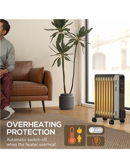 HOMCOM 2000W Oil Filled Radiator, 9 Fin, Portable Electric Heater with 3 Heat Settings, Safety Cut-Off and Wheels, Grey