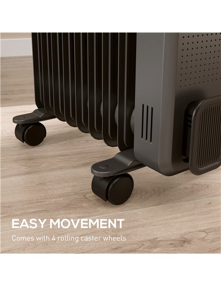 HOMCOM 2000W Oil Filled Radiator, 9 Fin, Portable Electric Heater with 3 Heat Settings, Safety Cut-Off and Wheels, Grey