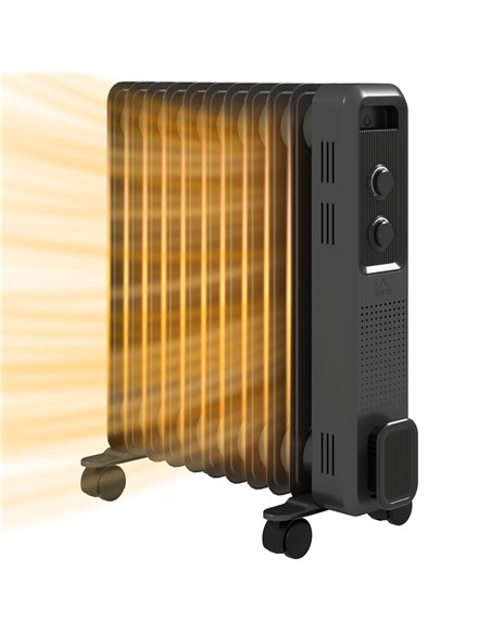HOMCOM 2500W Oil Filled Radiator, 11 Fin, Portable Electric Heater with 3 Heat Settings, Safety Cut-Off and Wheels, Grey