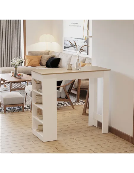HOMCOM Bar Table, Dining Table with 4-Tier Storage Shelf for Breakfast Bar, Kitchen, Dining Room, Living Room, Natural