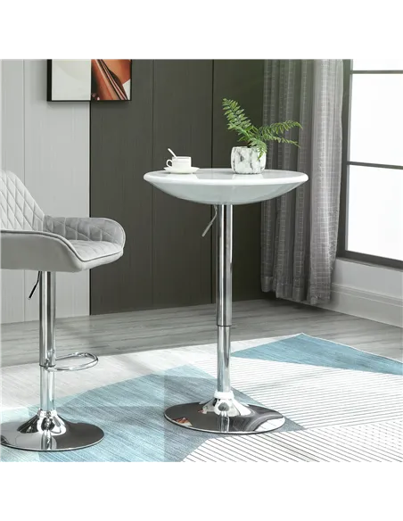 HOMCOM Modern Round Bar Table Adjustable Height Home Pub Bistro Desk Swivel Painted Top with Silver Steel Leg and Base, White