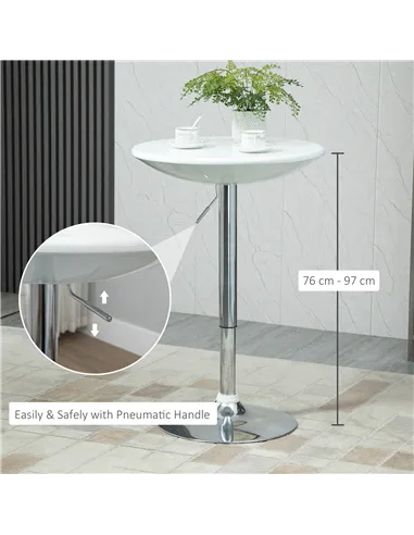 HOMCOM Modern Round Bar Table Adjustable Height Home Pub Bistro Desk Swivel Painted Top with Silver Steel Leg and Base, White