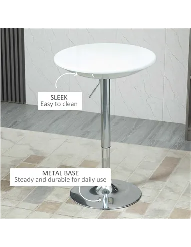 HOMCOM Modern Round Bar Table Adjustable Height Home Pub Bistro Desk Swivel Painted Top with Silver Steel Leg and Base, White
