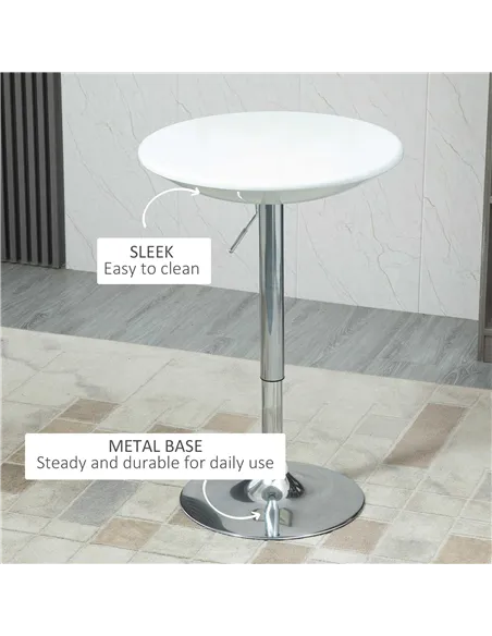 HOMCOM Modern Round Bar Table Adjustable Height Home Pub Bistro Desk Swivel Painted Top with Silver Steel Leg and Base, White
