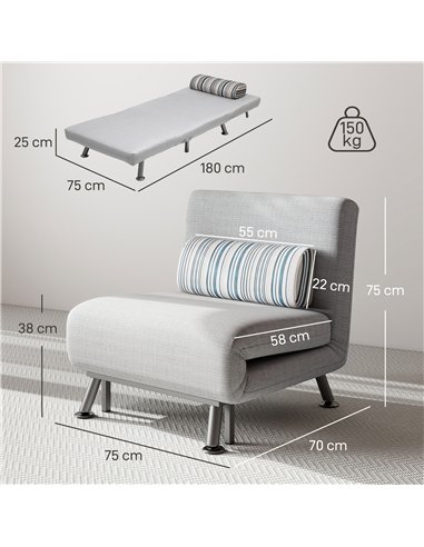 HOMCOM Single Sofa Bed, 1 Person Sleeper Foldable Lounge with Pillow, Grey