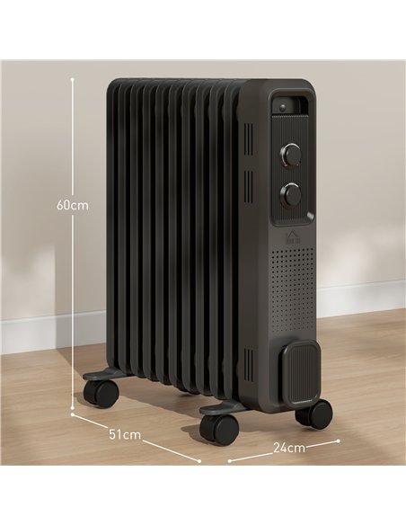 HOMCOM 2500W Oil Filled Radiator, 11 Fin, Portable Electric Heater with 3 Heat Settings, Safety Cut-Off and Wheels, Grey