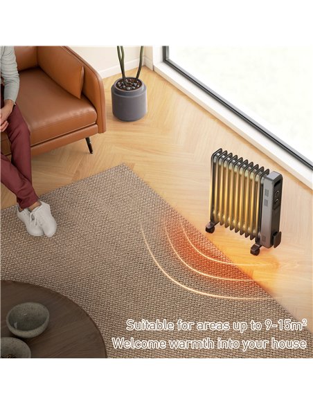 HOMCOM 2500W Oil Filled Radiator, 11 Fin, Portable Electric Heater with 3 Heat Settings, Safety Cut-Off and Wheels, Grey