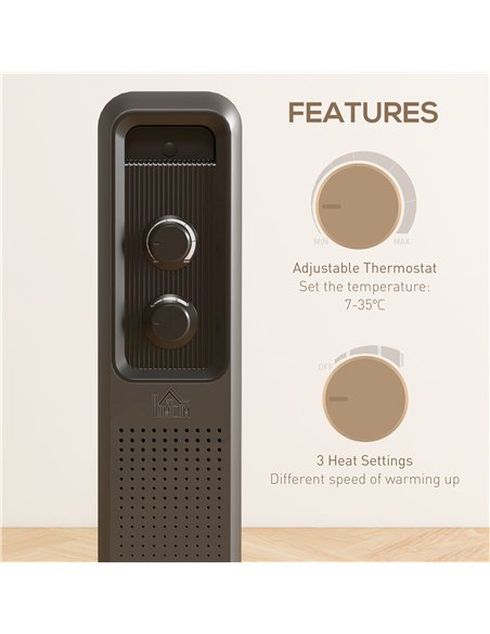 HOMCOM 2500W Oil Filled Radiator, 11 Fin, Portable Electric Heater with 3 Heat Settings, Safety Cut-Off and Wheels, Grey