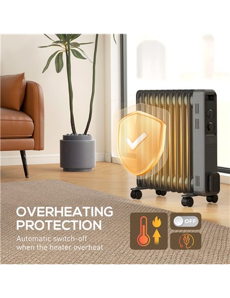 HOMCOM 2500W Oil Filled Radiator, 11 Fin, Portable Electric Heater with 3 Heat Settings, Safety Cut-Off and Wheels, Grey