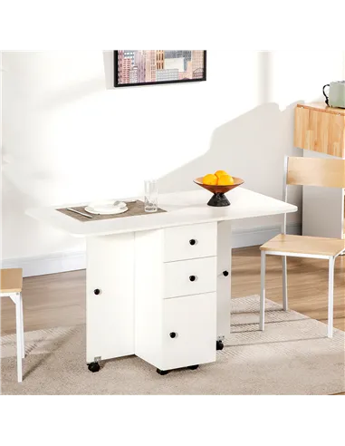 HOMCOM Multi-Storage Six-Person Drop Leaf Dining Table -  White