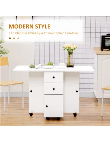 HOMCOM Multi-Storage Six-Person Drop Leaf Dining Table -  White