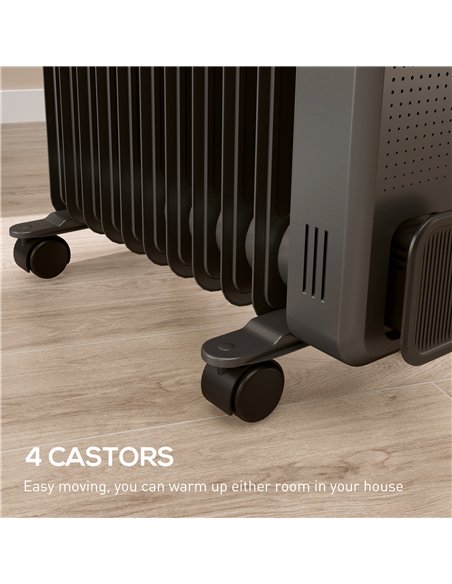 HOMCOM 2500W Oil Filled Radiator, 11 Fin, Portable Electric Heater with 3 Heat Settings, Safety Cut-Off and Wheels, Grey
