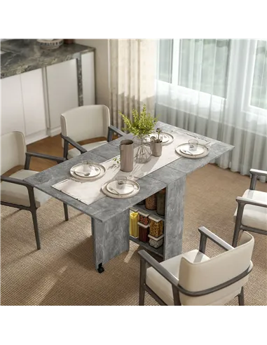 HOMCOM Folding Dining Table, Drop Leaf Table with 2-Tier Shelves, Rolling Casters, for Small Spaces, Kitchen, Cement Grey