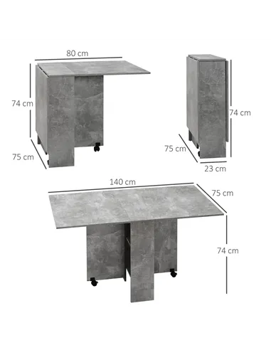 HOMCOM Folding Dining Table, Drop Leaf Table with 2-Tier Shelves, Rolling Casters, for Small Spaces, Kitchen, Cement Grey