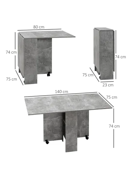 HOMCOM Folding Dining Table, Drop Leaf Table with 2-Tier Shelves, Rolling Casters, for Small Spaces, Kitchen, Cement Grey