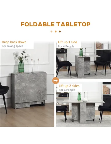 HOMCOM Folding Dining Table, Drop Leaf Table with 2-Tier Shelves, Rolling Casters, for Small Spaces, Kitchen, Cement Grey