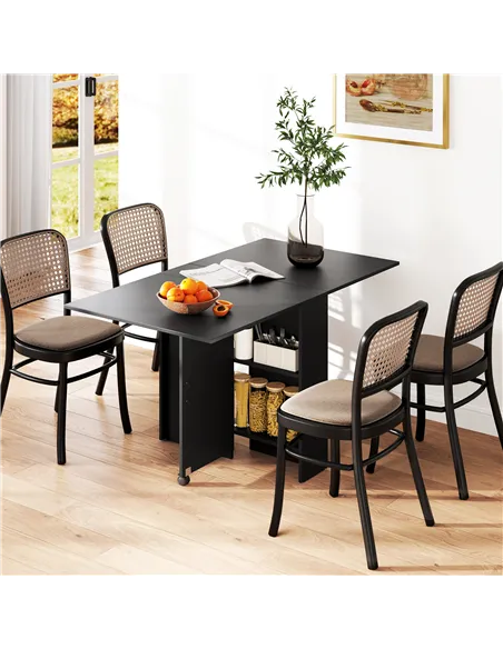 HOMCOM Foldable Dining Table, Extendable Drop Leaf Table with 2-tier Shelves, Small Dinner Table with Rolling Casters