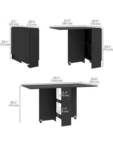 HOMCOM Foldable Dining Table, Extendable Drop Leaf Table with 2-tier Shelves, Small Dinner Table with Rolling Casters