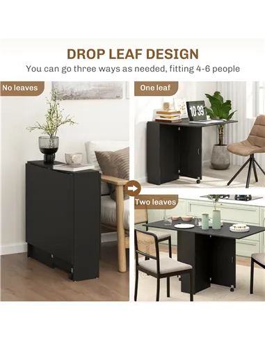 HOMCOM Foldable Dining Table, Extendable Drop Leaf Table with 2-tier Shelves, Small Dinner Table with Rolling Casters