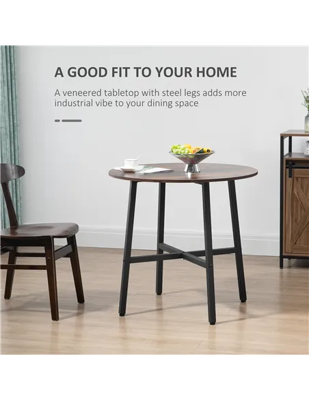 HOMCOM 85cm Dining Room Table, Industrial Style Kitchen Table Round  with Steel Legs, Rustic Brown