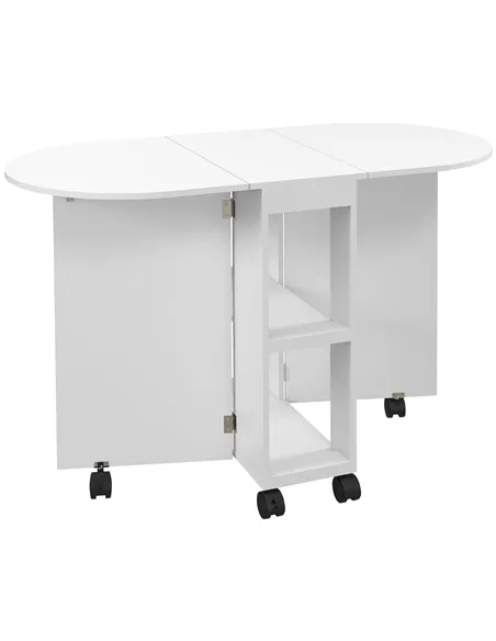 HOMCOM Four-Person Drop Leaf Dining Table, with Wheels - White