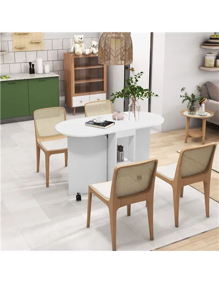 HOMCOM Four-Person Drop Leaf Dining Table, with Wheels - White