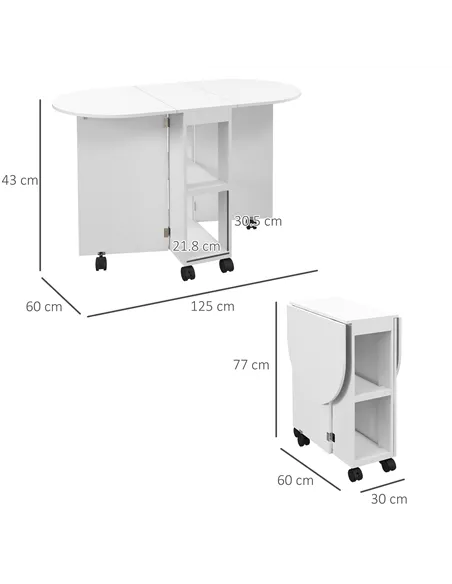 HOMCOM Four-Person Drop Leaf Dining Table, with Wheels - White