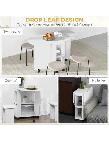 HOMCOM Four-Person Drop Leaf Dining Table, with Wheels - White