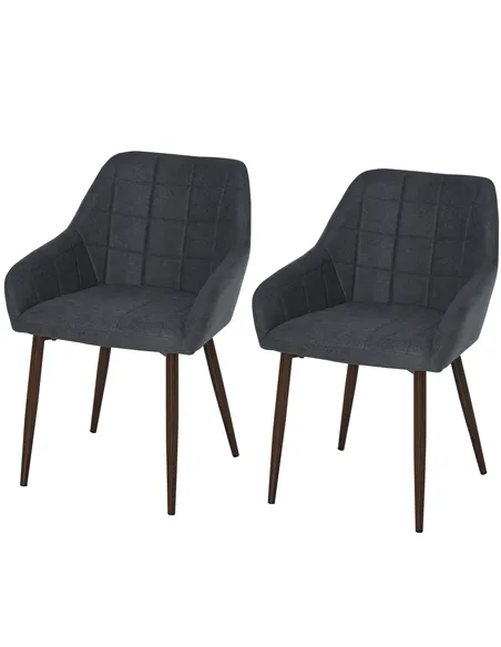 HOMCOM 2 Pieces Linen-Touch Fabric Dining Chair with Grid Pattern Cushion and Backrest, Mid Back Leisure Chair with Steel Leg, S