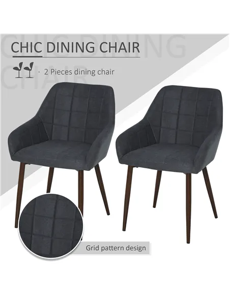 HOMCOM 2 Pieces Linen-Touch Fabric Dining Chair with Grid Pattern Cushion and Backrest, Mid Back Leisure Chair with Steel Leg, S