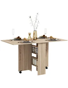 HOMCOM Folding Dining Table, Drop Leaf Table for Small Spaces with 2-tier Shelves, Small Kitchen Table with Rolling Casters, Nat