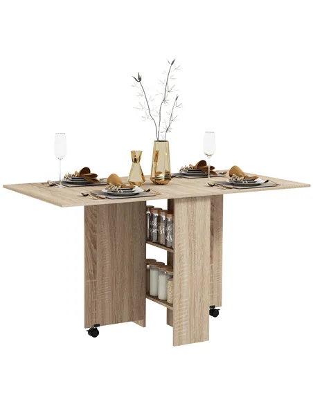 HOMCOM Folding Dining Table, Drop Leaf Table for Small Spaces with 2-tier Shelves, Small Kitchen Table with Rolling Casters, Nat